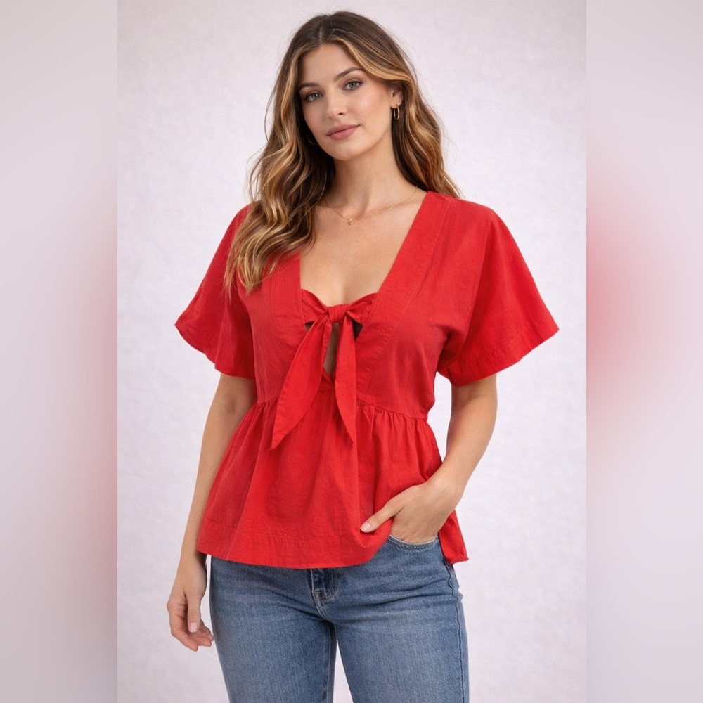 Anthropologie Top | English Factory Red Tie-Front Blouse - Picture 6 of 8
